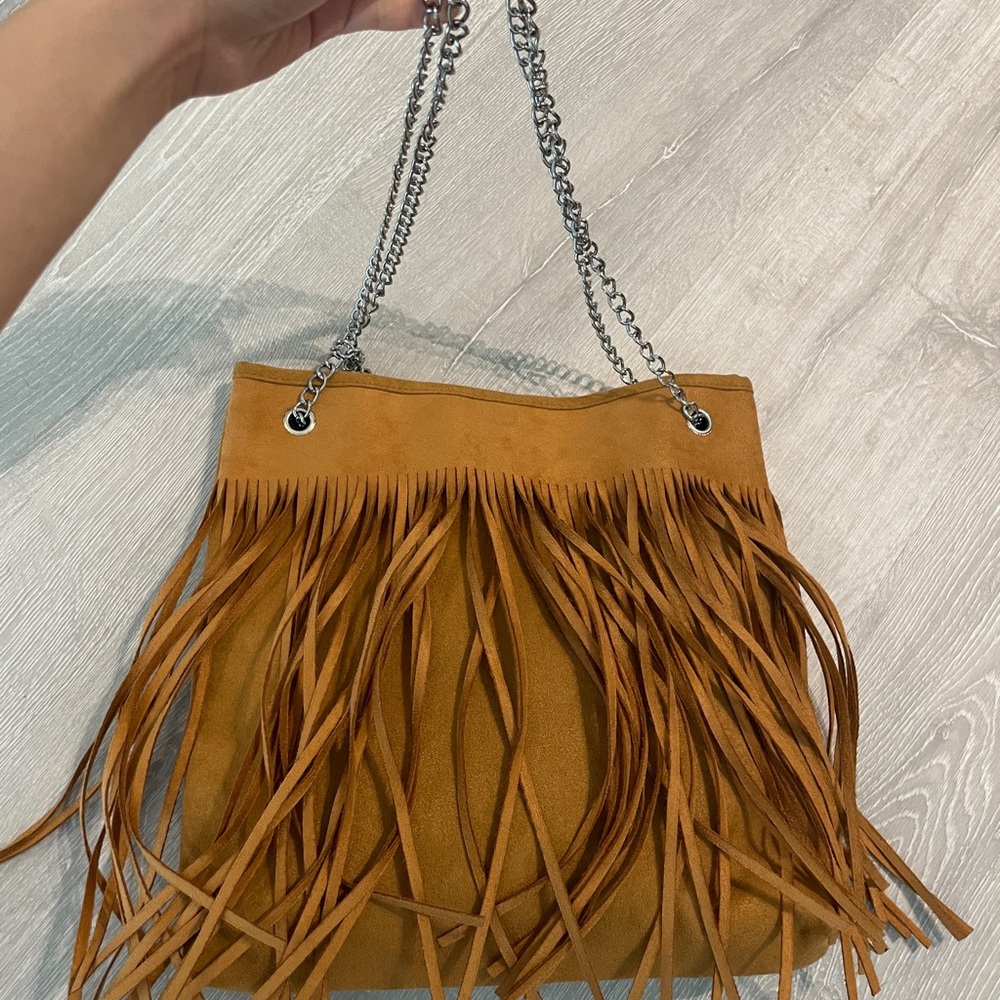 Chic New Tan Fringe Shoulder Bag